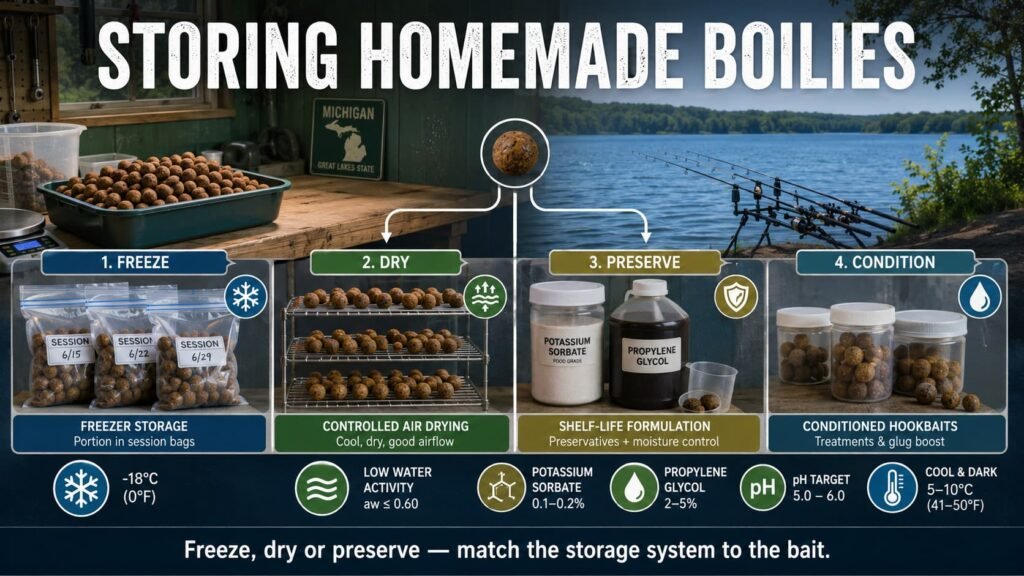 Storing homemade boilies using freezer storage, controlled air drying, shelf-life preservation and separate conditioned hookbait storage.