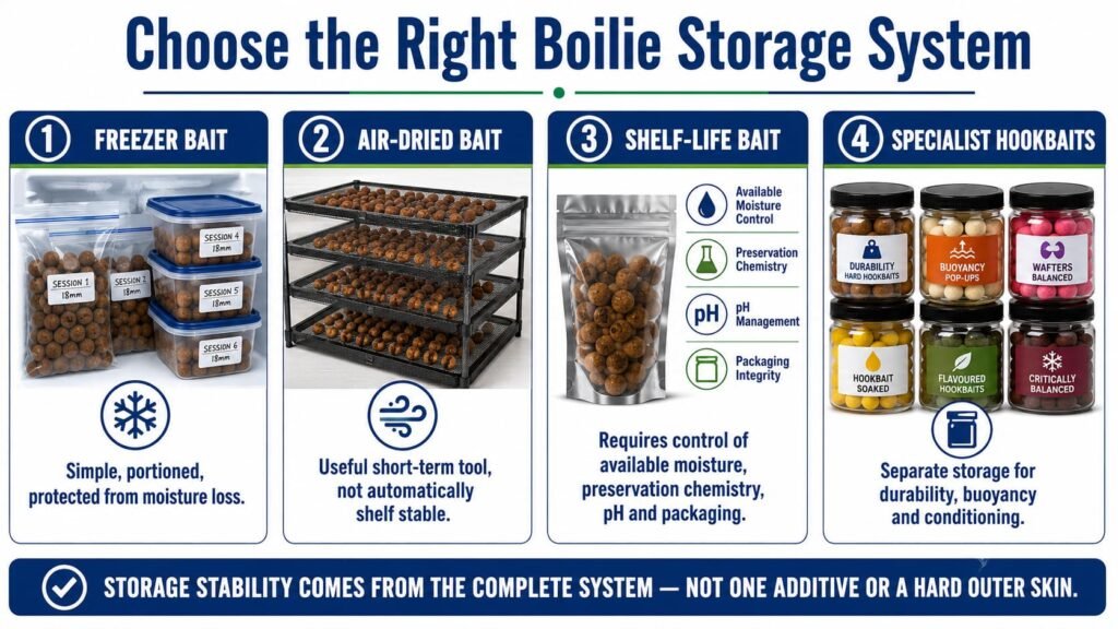 Infographic comparing freezer bait, air-dried boilies, shelf-life bait and specialist hookbait storage.