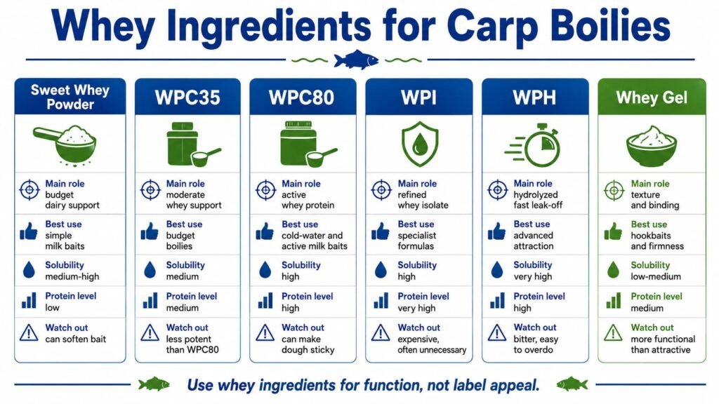 Infographic comparing whey powder, WPC35, WPC80, WPI and WPH in carp boilies.