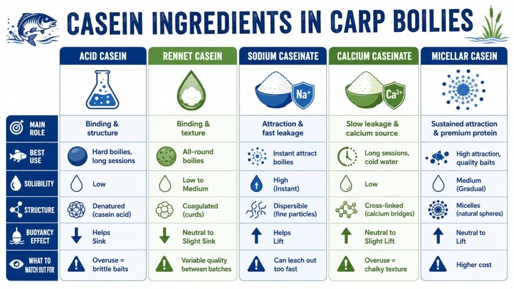 Infographic comparing acid casein, rennet casein, sodium caseinate, calcium caseinate and micellar casein in boilie making.