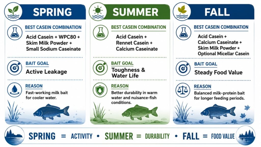 Seasonal chart showing the best casein combinations for spring, summer and fall carp boilies.