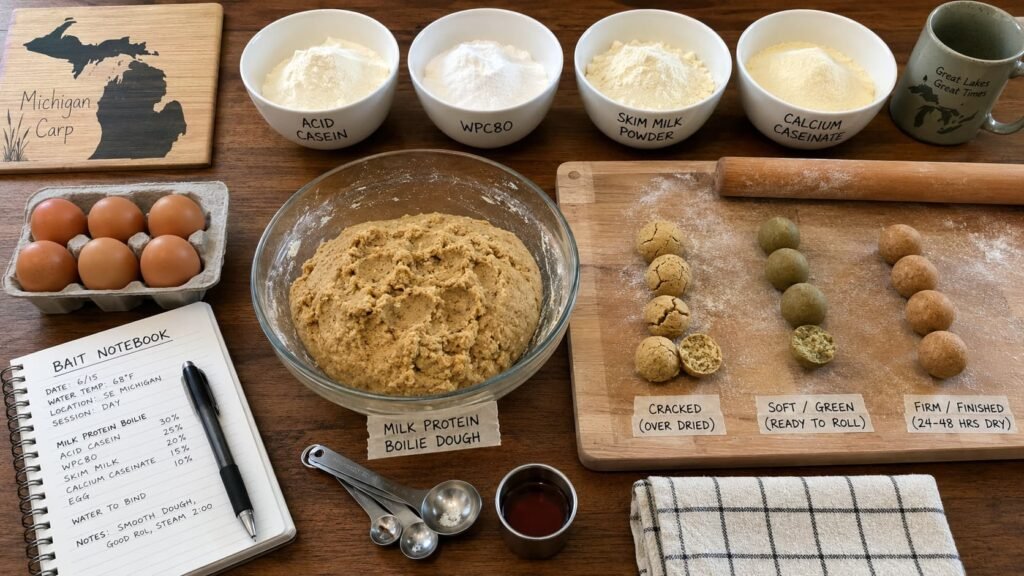 Homemade milk-protein boilie dough, casein powders, WPC80 and finished carp boilies on a bait-making table.