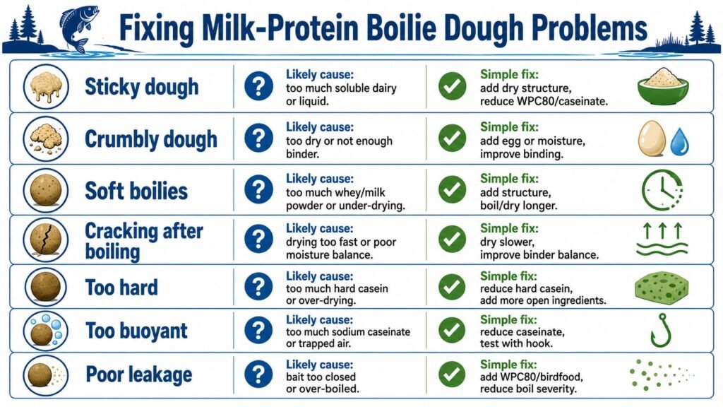 Infographic showing how to fix sticky, crumbly, soft, cracking and too-buoyant milk-protein boilie dough