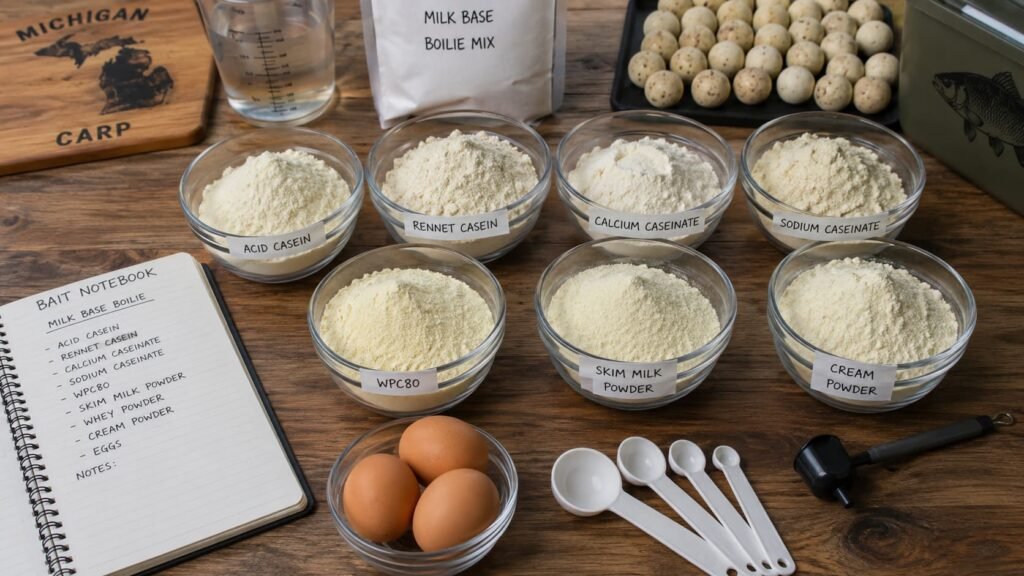 Casein, WPC80, skim milk powder and finished milk-protein carp boilies arranged on a bait-making table.