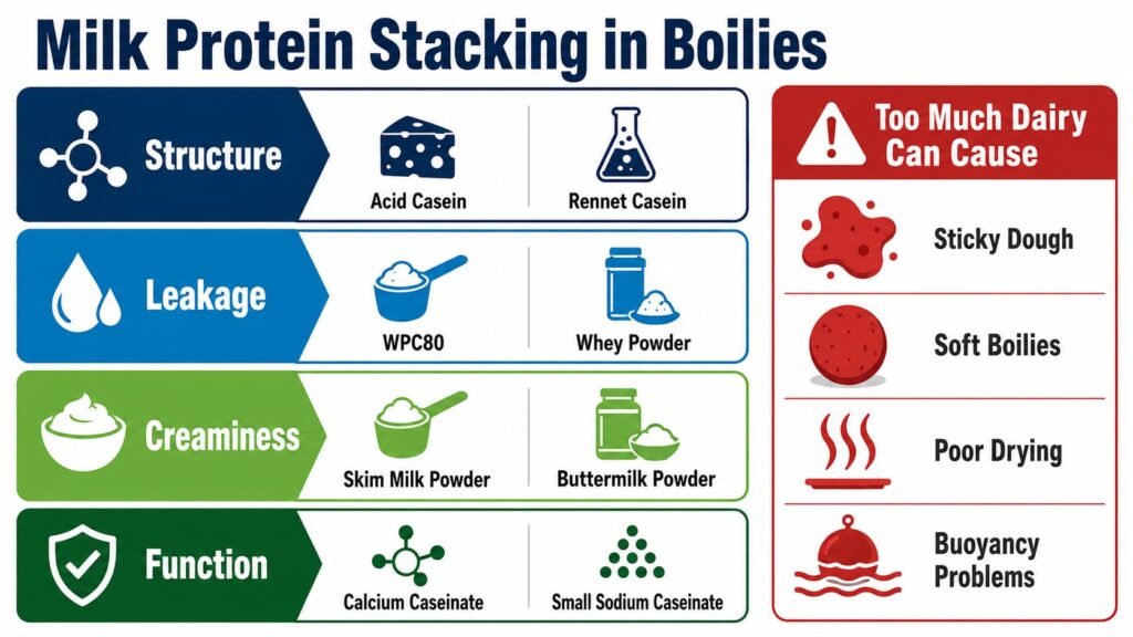 Infographic showing how to stack milk proteins in carp boilies without overdoing casein, WPC80, whey powder or milk powder.