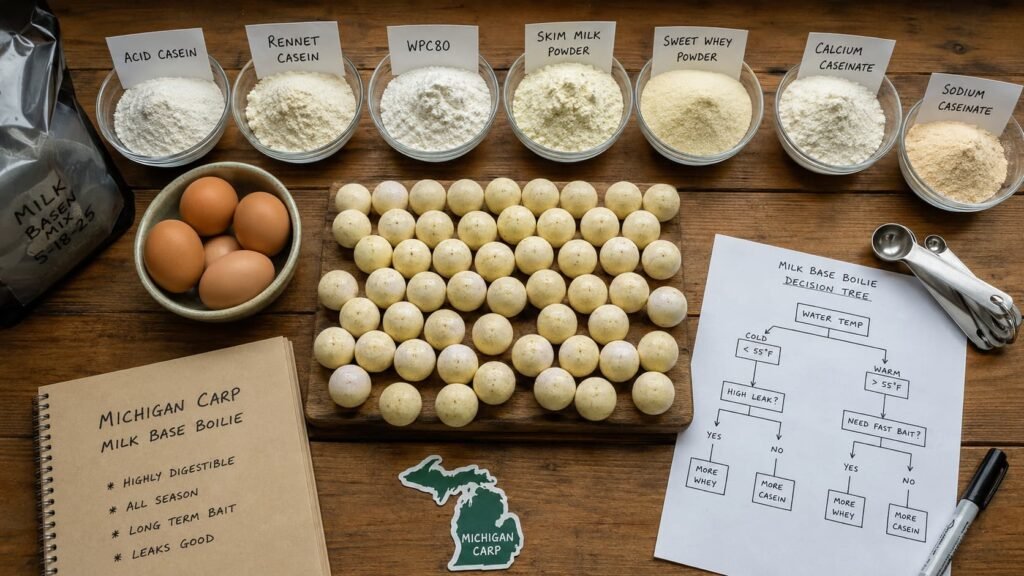 Milk protein ingredients including casein, WPC80, whey powder and milk powder arranged beside carp boilies on a bait-making table.