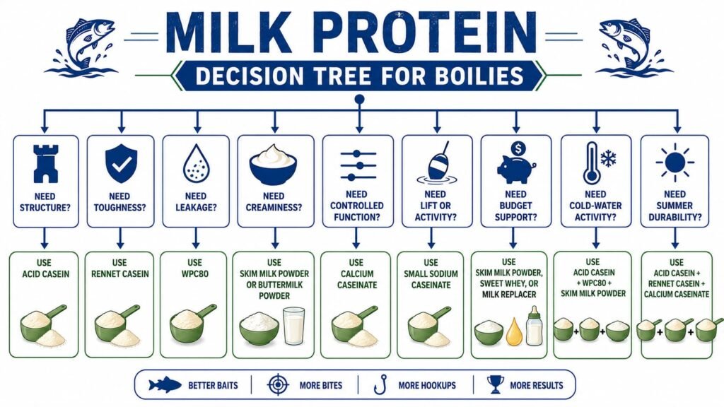 Decision tree infographic showing which milk protein ingredients to use in carp boilies.