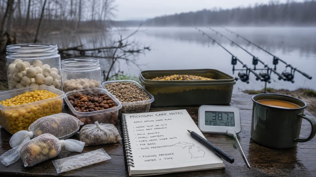 Cold-water Michigan carp bait setup with pale milk boilies, corn, hemp, hookbaits and a thermometer on a bait table.