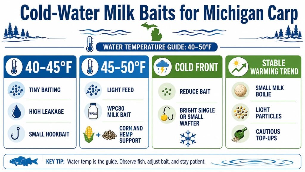 Infographic showing cold-water milk bait choices for Michigan carp in 40 to 50 degree water.