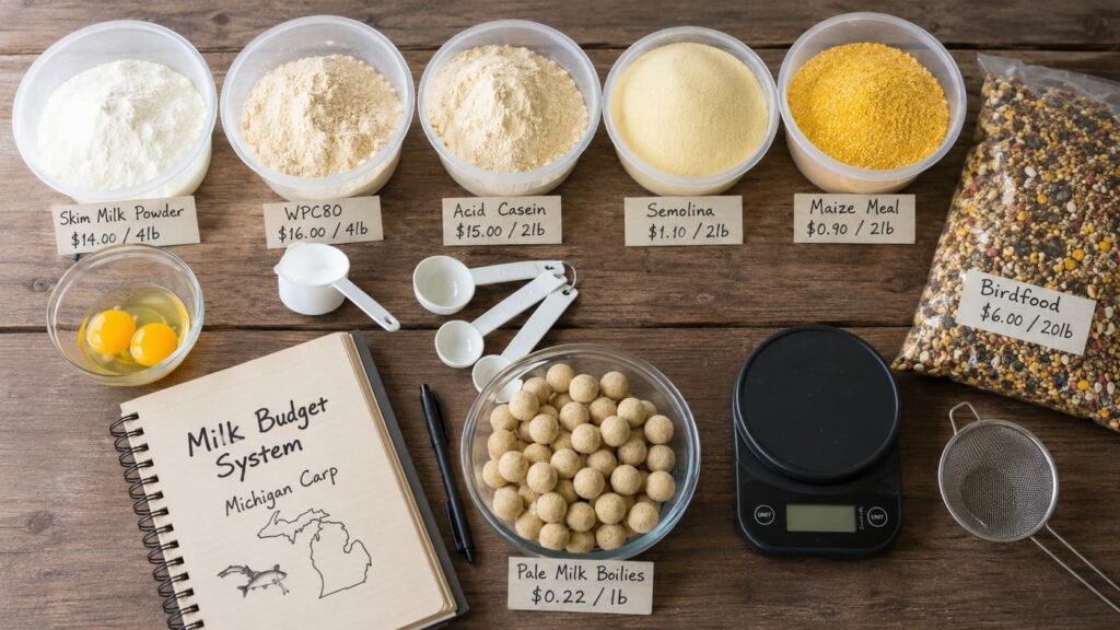 Budget milk boilie ingredients including skim milk powder, WPC80, acid casein and finished carp boilies on a bait-making table.