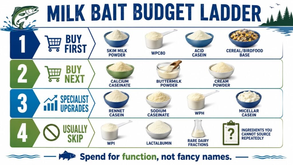 Infographic showing a milk bait budget ladder for carp boilies with buy first, buy next, specialist upgrades and usually skip sections.