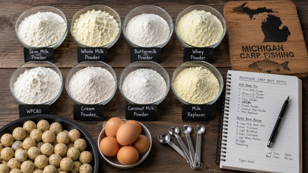 Different milk powders and pale boilies laid out on a carp bait-making table.