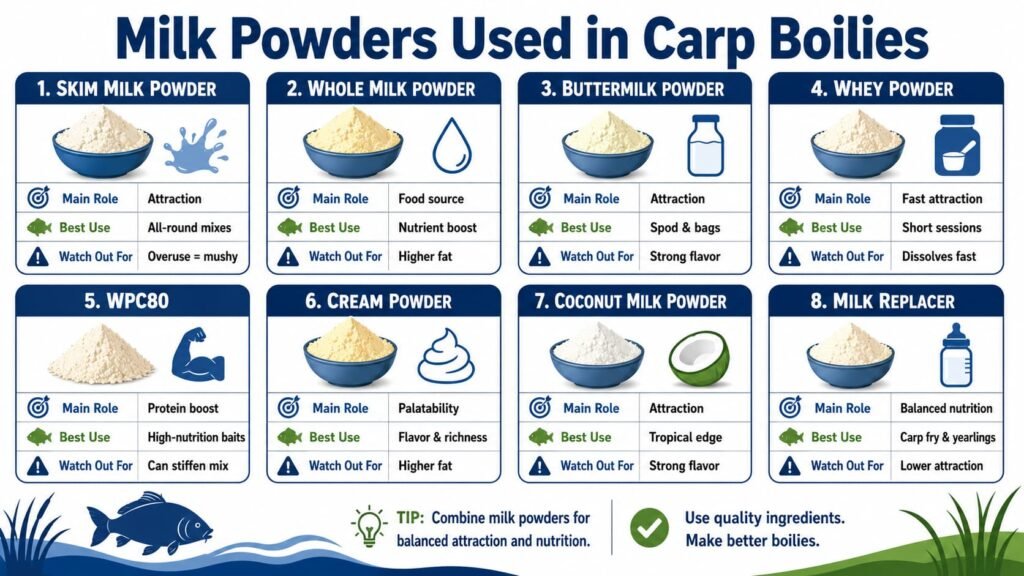 Infographic comparing different milk powders used in carp boilies.