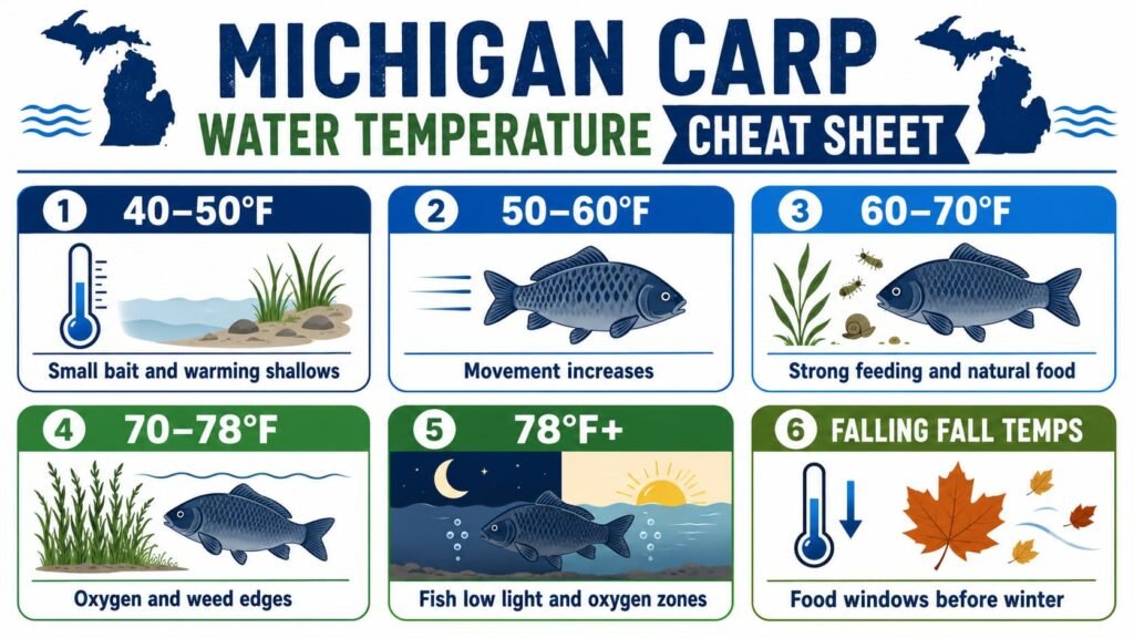 Infographic showing Michigan carp water temperature ranges and bait choices from 40 to over 78 degrees.