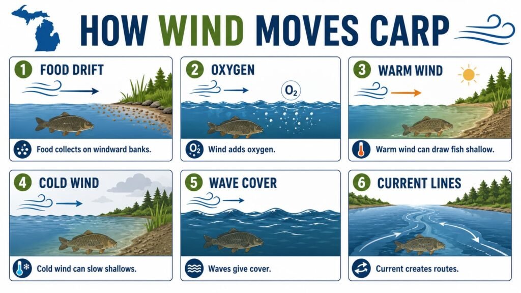 Infographic showing how wind, waves and current affect Michigan carp location and feeding.