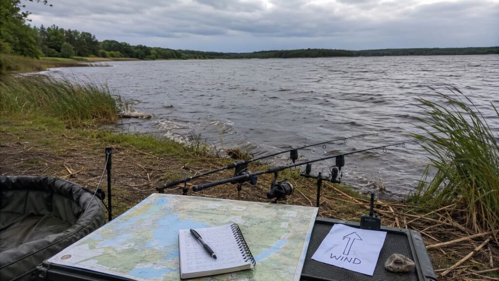 Michigan carp fishing rods on a wind-blown lake bank with waves, weed edge, map, notebook and deeper water.