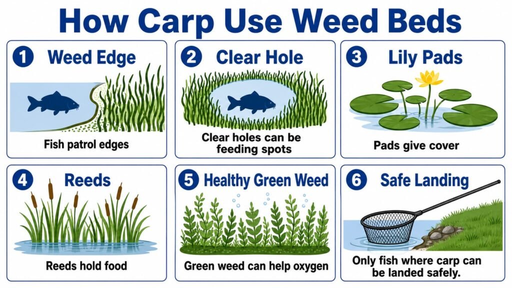Infographic showing how carp use weed beds, lily pads, reeds, clear holes, oxygen and safe landing areas
