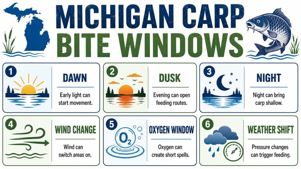 Infographic showing Michigan carp bite windows including dawn, dusk, night, wind, oxygen and weather changes.