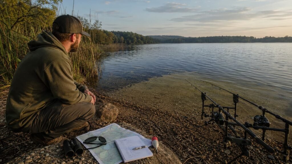 Michigan carp angler reading a lake with rods, map, notebook, weed edge, shallow bay and deeper open water.