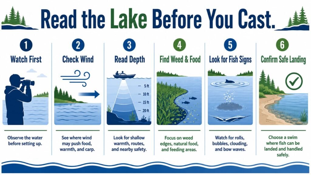 Clean educational infographic titled “Read the Lake Before You Cast.” White background, Michigan freshwater blue and green colors, unbranded, 16:9 landscape. Use large readable headings and simple icons. Show six steps: Watch First, Check Wind, Read Depth, Find Weed & Food, Look for Fish Signs, Confirm Safe Landing. Add one short instruction for each step. Keep text minimal, high contrast and readable at website article size.