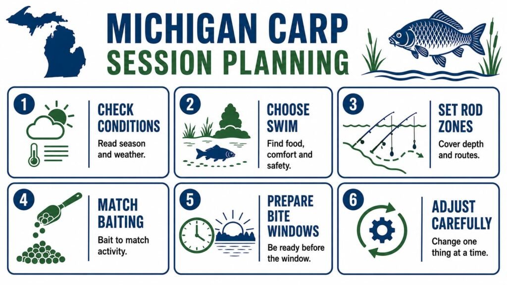 Infographic showing a Michigan carp session planning checklist from conditions to swim choice, rod placement and adjustments