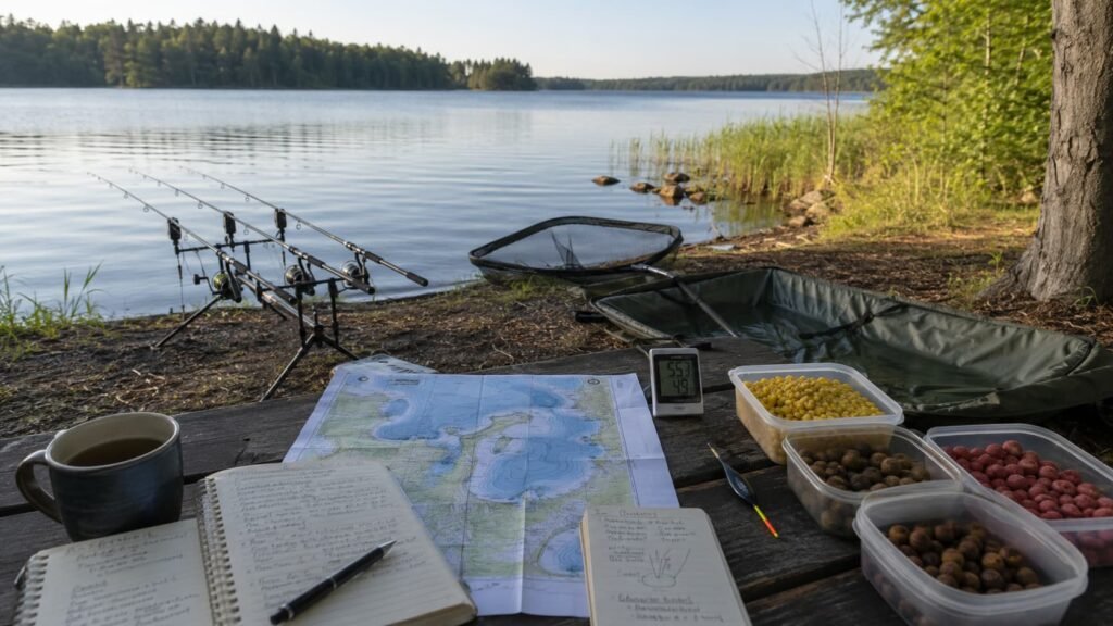 Carp session planning setup on a Michigan lake with rods, map, notebook, bait, weather notes and watercraft checklist.