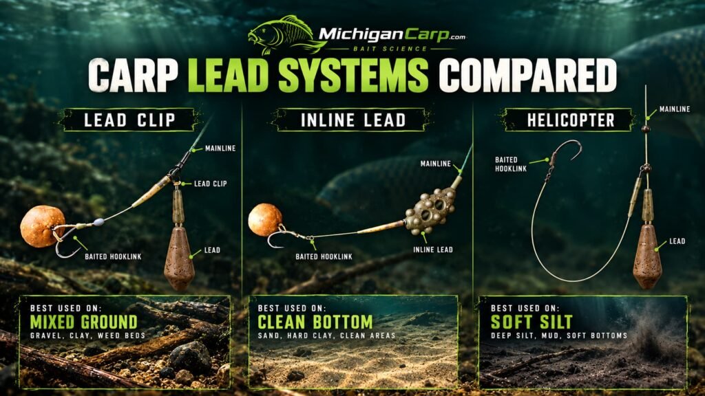 Carp lead systems compared showing lead clip, inline lead and helicopter arrangements for mixed ground, clean bottom and soft silt.