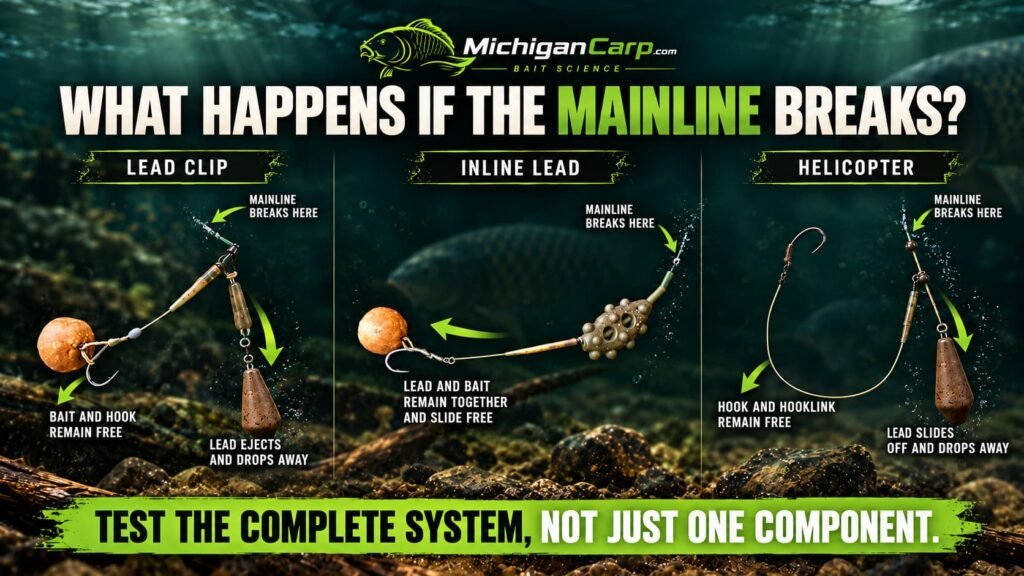 Carp lead system safety showing how lead clip, inline and helicopter systems should separate if the mainline breaks.