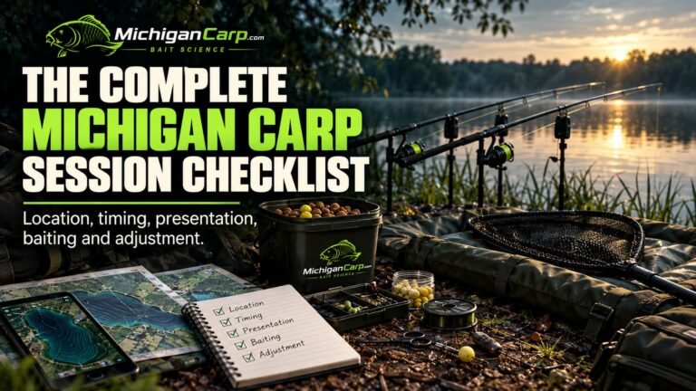 Michigan carp session checklist showing lake observation, rods, weather information, bait, tackle and session notes before fishing.