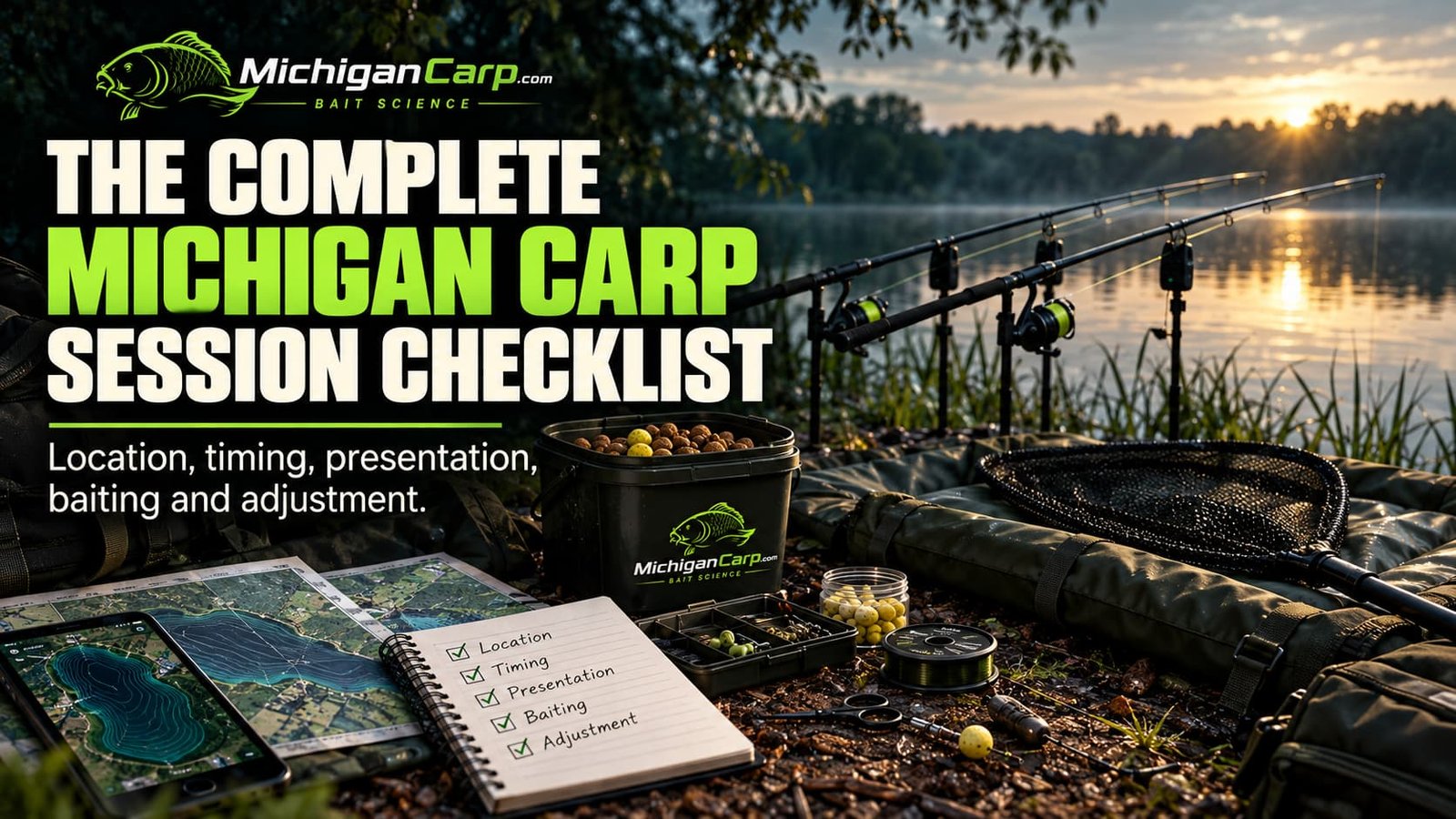 Michigan carp session checklist showing lake observation, rods, weather information, bait, tackle and session notes before fishing.