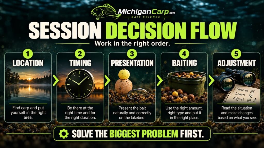 Carp session decision flow showing location, timing, presentation, baiting and adjustment in the correct order.