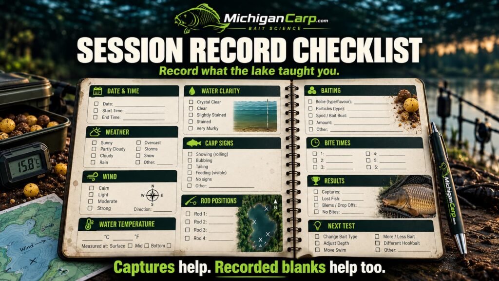 Michigan carp session record showing date, wind, water temperature, fish signs, rod positions, baiting and bite times.