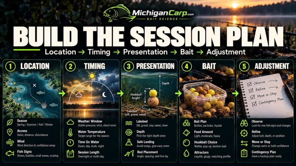 Carp session planning on a Michigan lake showing map, notes, rods, bait and planned fishing areas.
