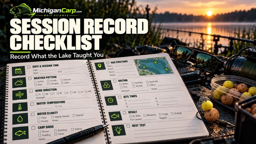  Carp session record checklist for logging weather, wind, water temperature, carp signs, rod positions, baiting and bite times.