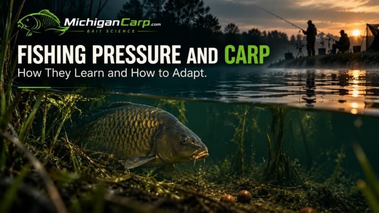 Fishing pressure and carp behavior on a Michigan lake with anglers, safer holding water and feeding areas.