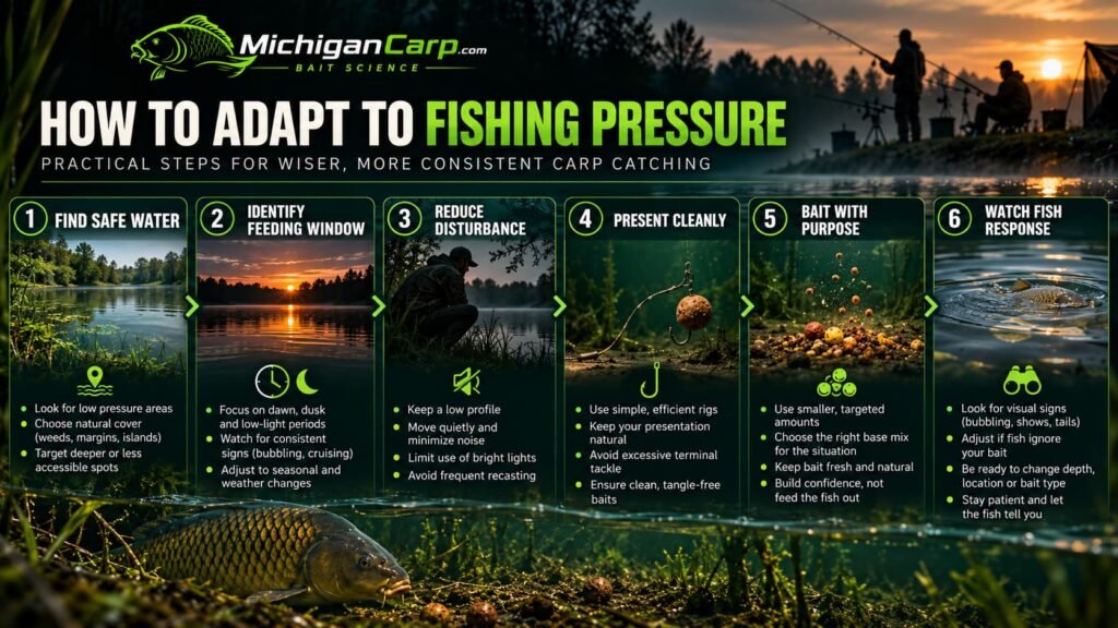 How to adapt to fishing pressure and carp behavior using better location, timing, stealth, presentation and baiting.