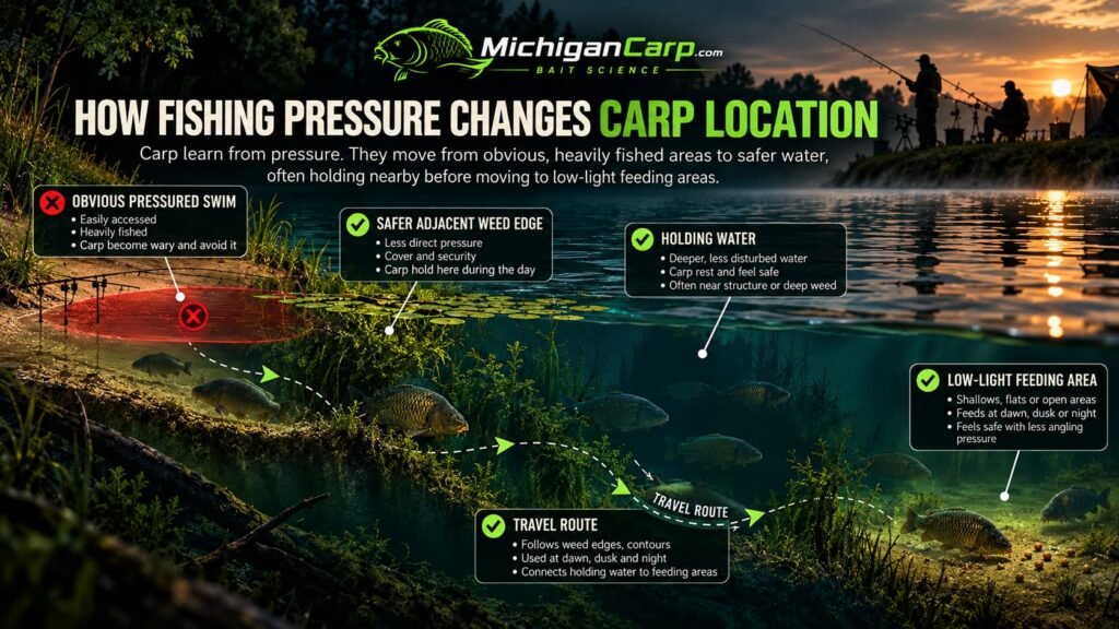 Fishing pressure and carp location showing pressured water, safer weed edges, holding areas and feeding routes.