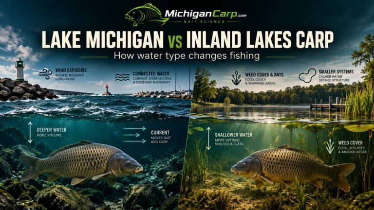 Lake Michigan vs inland lakes carp fishing showing a Great Lakes harbor and a smaller Michigan inland lake.