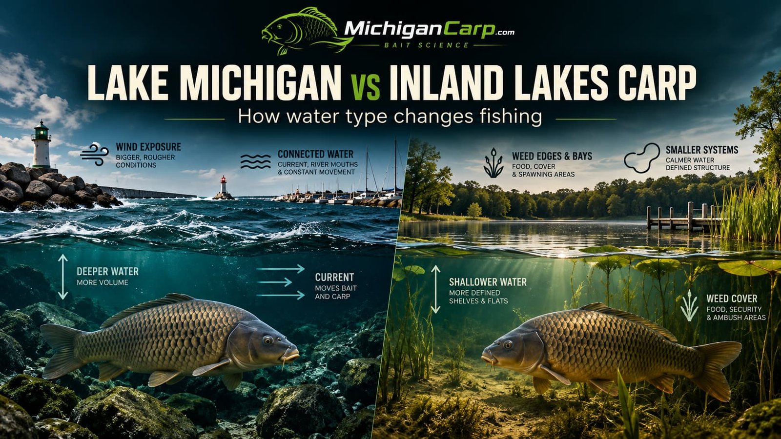 Lake Michigan vs inland lakes carp fishing showing a Great Lakes harbor and a smaller Michigan inland lake.