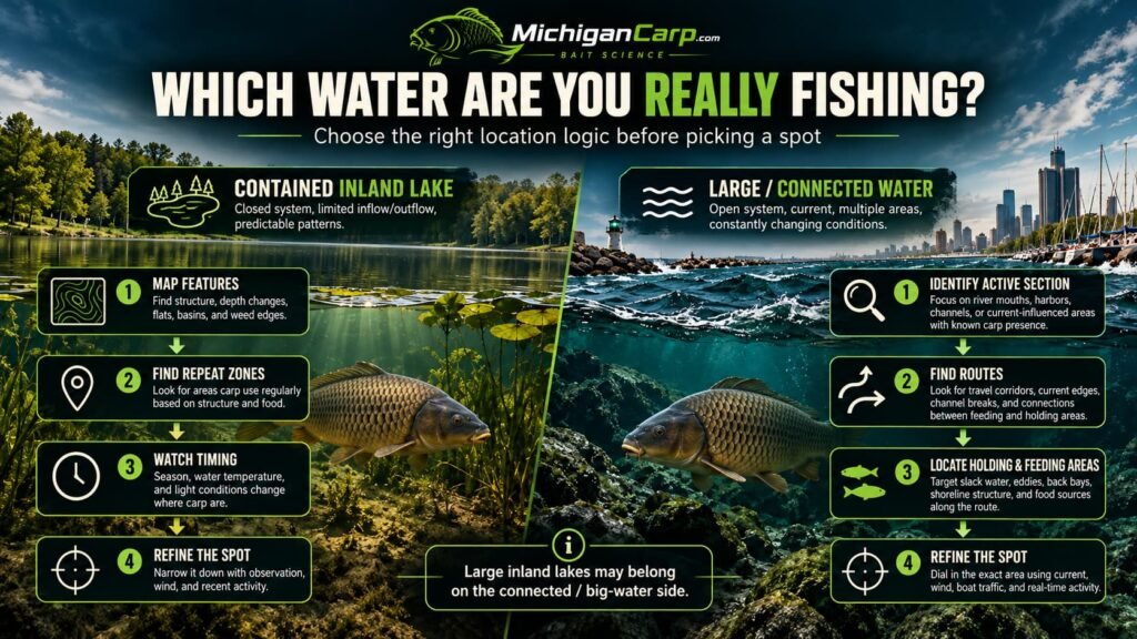  Comparison of Lake Michigan-connected carp water and an inland Michigan lake showing channels, bays, weed edges and deeper water.