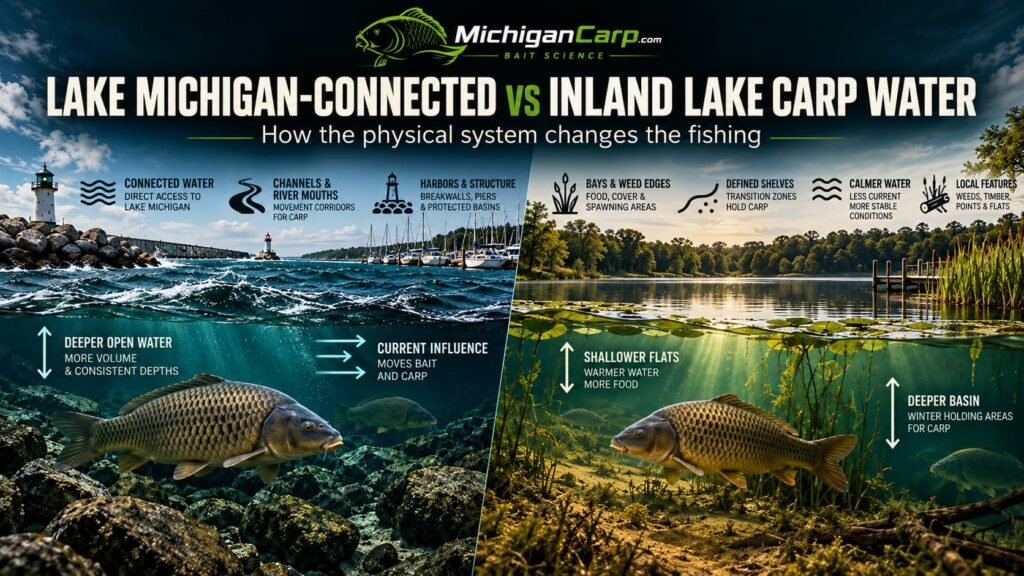 Carp location decision system comparing feature-based inland lake fishing with zone-based large connected water fishing.