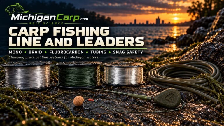 Carp fishing line Michigan guide showing monofilament, braid, leaders, weed, zebra mussels and abrasion safety.
