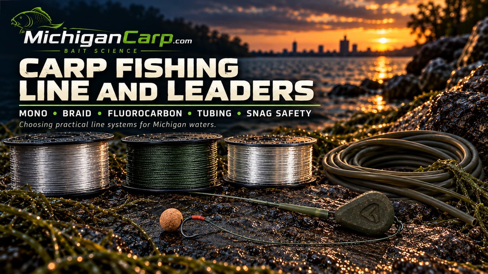 Carp fishing line Michigan guide showing monofilament, braid, leaders, weed, zebra mussels and abrasion safety.