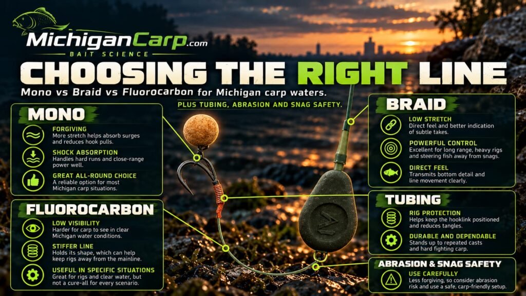 Mono vs braid vs fluorocarbon comparison for Michigan carp fishing line and leader systems.