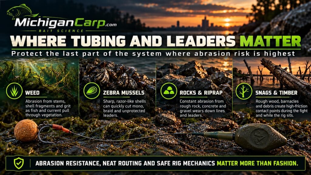 Carp leader safety decision chart for clean water, casting shock, zebra mussels, rock, weed and timber.