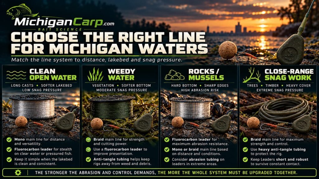 Michigan carp fishing line guide showing line choices for clean water, weed, zebra mussels, rock, timber, channels and distance.