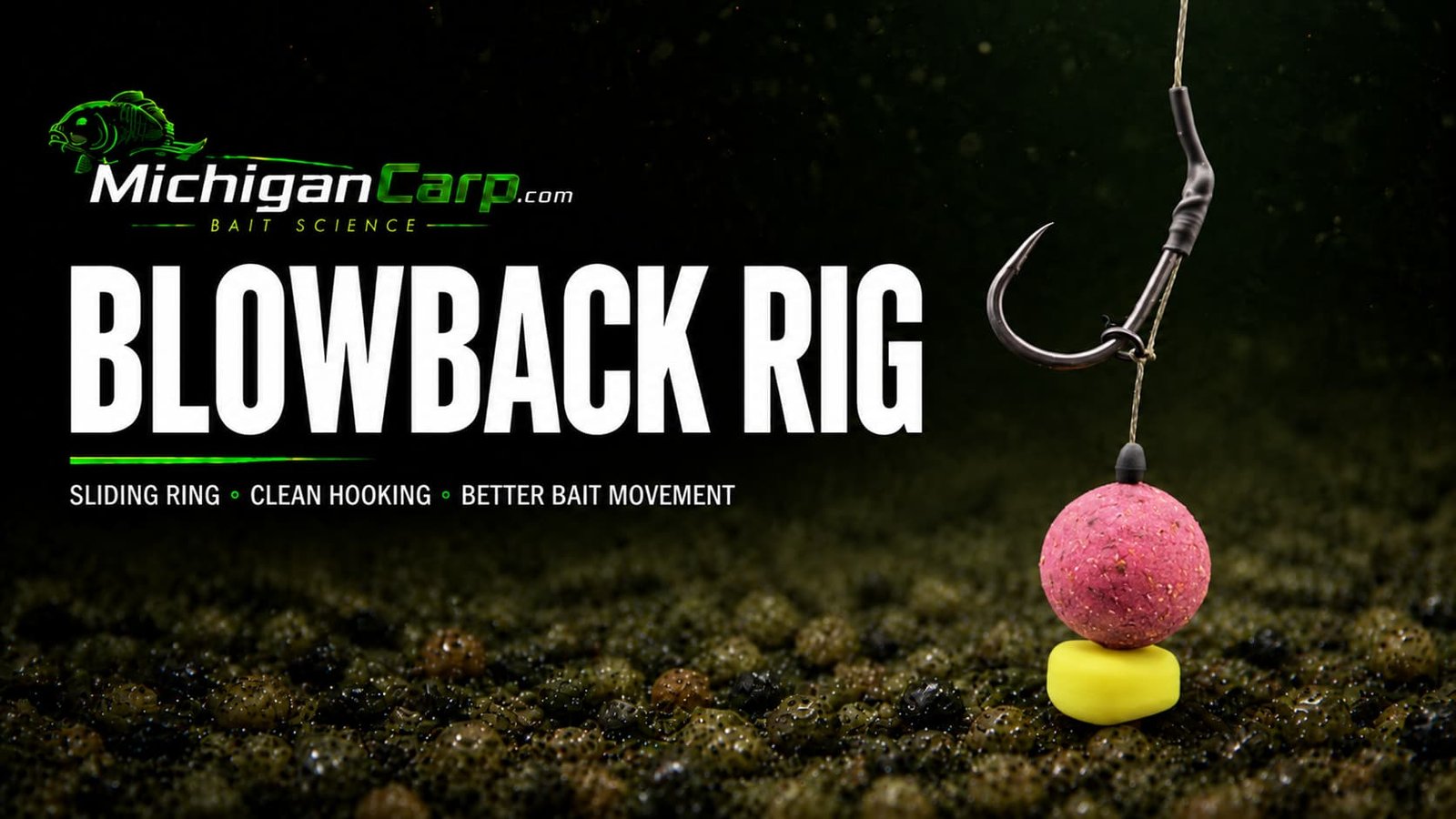 Blowback Rig for carp fishing with sliding rig ring, balanced hookbait and coated braid over a clean lakebed