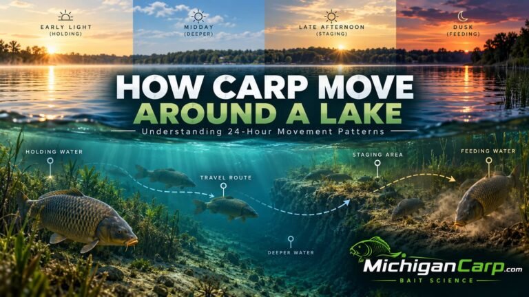 How carp move around a lake through holding water, travel routes, staging areas and feeding water over 24 hours.
