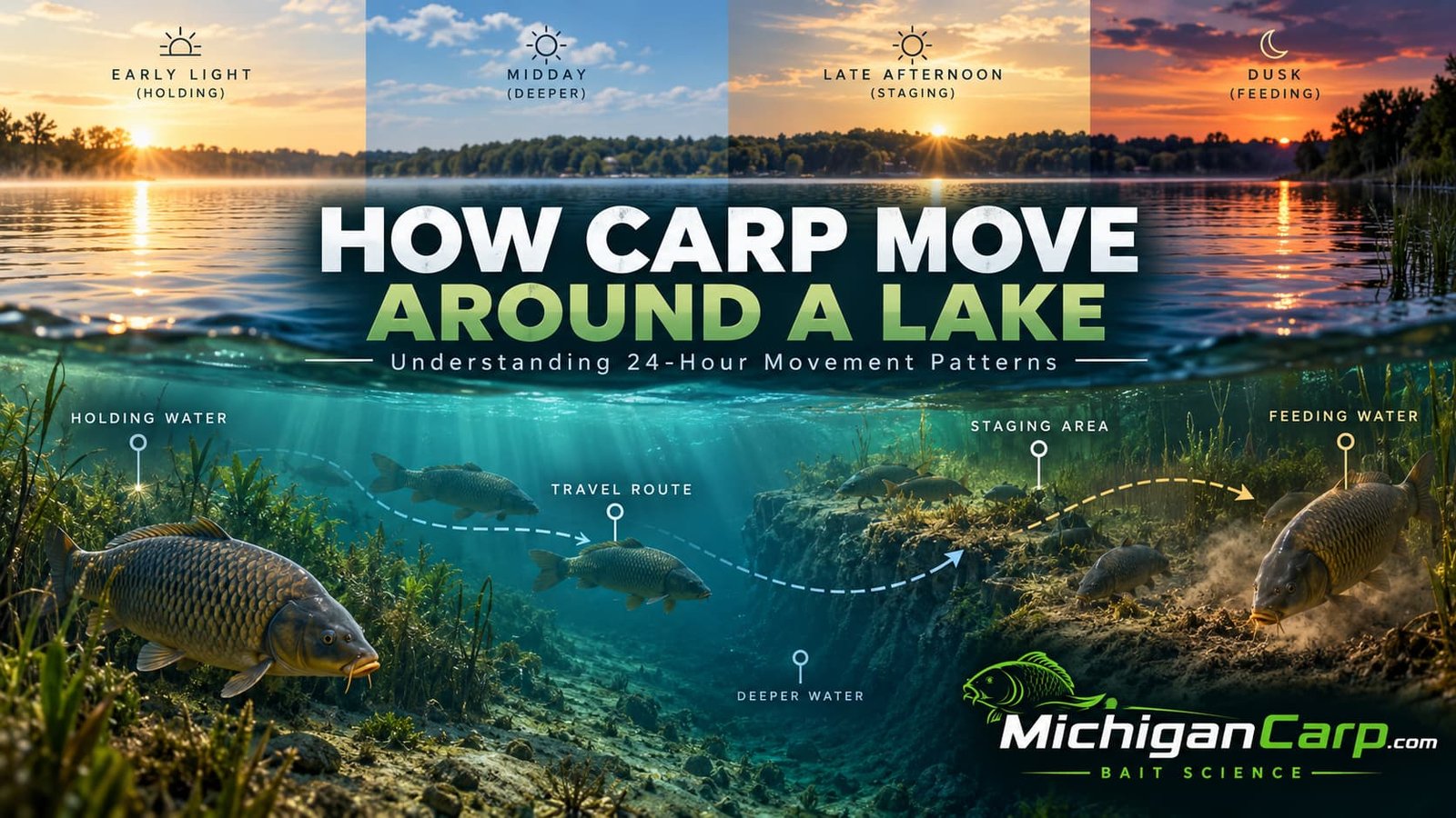 How carp move around a lake through holding water, travel routes, staging areas and feeding water over 24 hours.