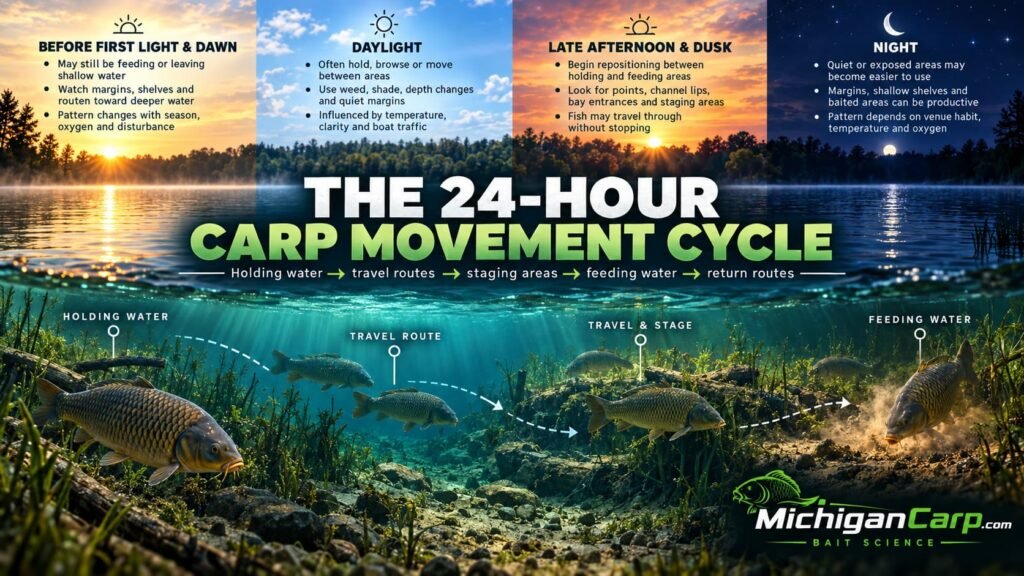 24-hour carp movement cycle showing dawn, daylight, dusk and night movement between holding, travel, staging and feeding water